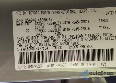 2020 Toyota Tacoma 2Wd Sr5 из США, поврежденный, VIN 5TFAX5GN5LX177184